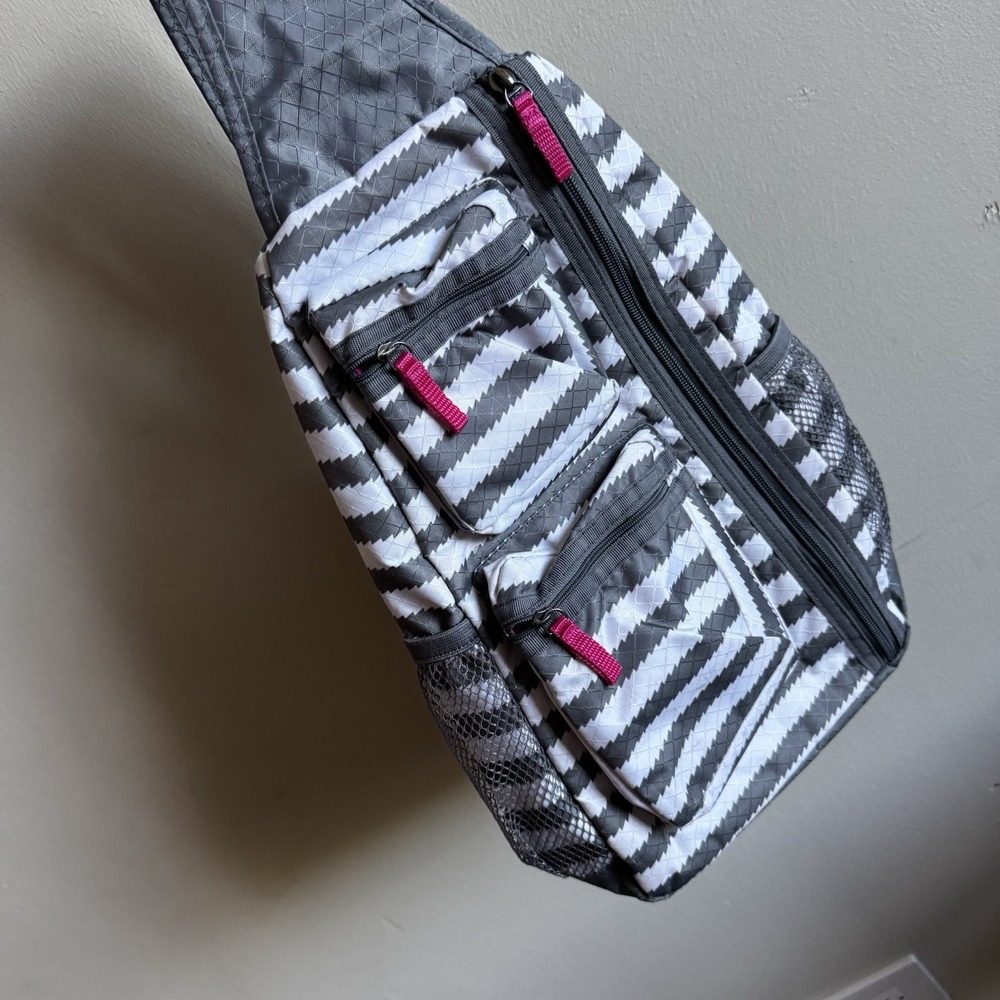 Thirty-One Sling Bag Crossbody Gray White Striped Pink Lining Adjustable Strap